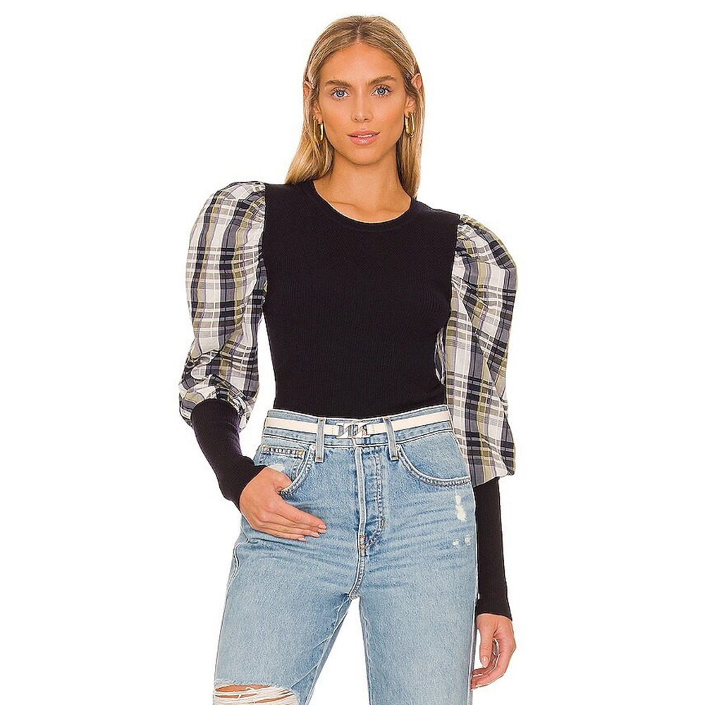Veronica Beard Leila Navy Blue Wool Plaid Puffed Long Sleeve Top‎ Size XS